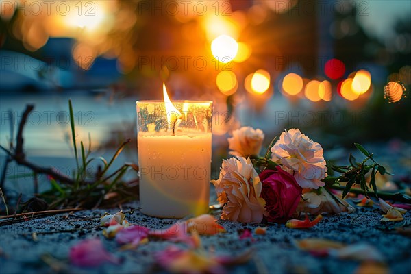 Memorial with candles and flowers in street. KI generiert, generiert, AI generated