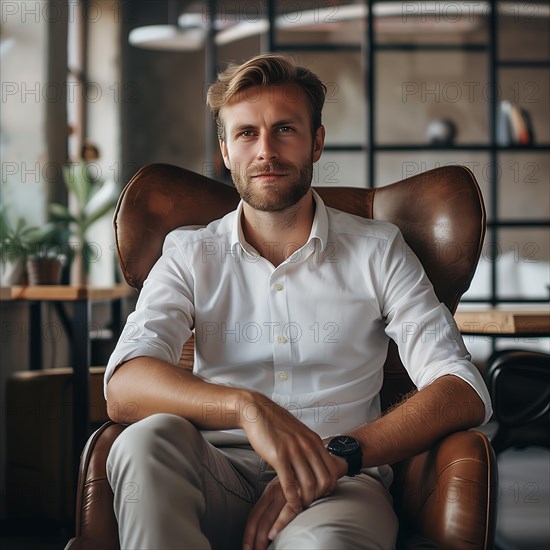 Relaxed man sits stylishly in an office chair and looks into the camera, AI generated