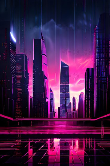 AI generated illustration of a cityscape with skyscrapers and holographic elements in pink color tones