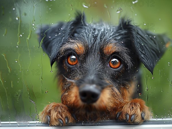 Bad weather, dog and cat looking sadly outside through a rainy window pane, AI generated