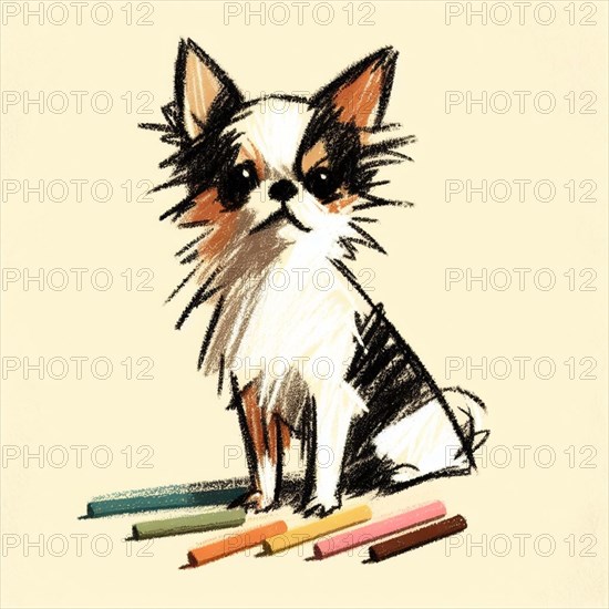 Charming sketch of a small dog next to colored pencils with a cute expression, AI generated