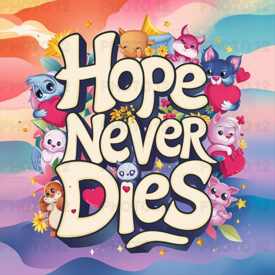 Colorful and inspirational artwork with 'Hope Never Dies' surrounded by cute animals and decorative elements, AI generated