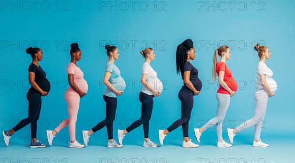 A group of pregnant women are standing in a line, with each woman wearing a different colored outfit. Concept of unity and support among the women, as they share their pregnancy experiences together, AI generated