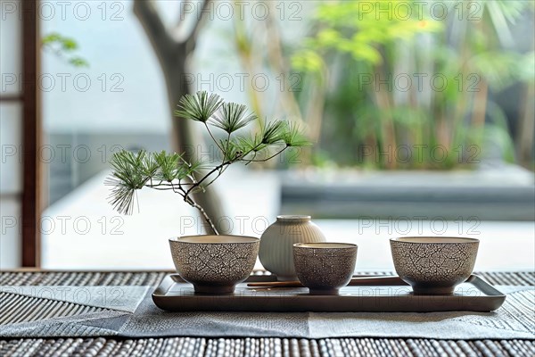 Traditional-looking tea set with a small bonsai tree on a table, tea service, Japan, KI generated, AI generated, Asia