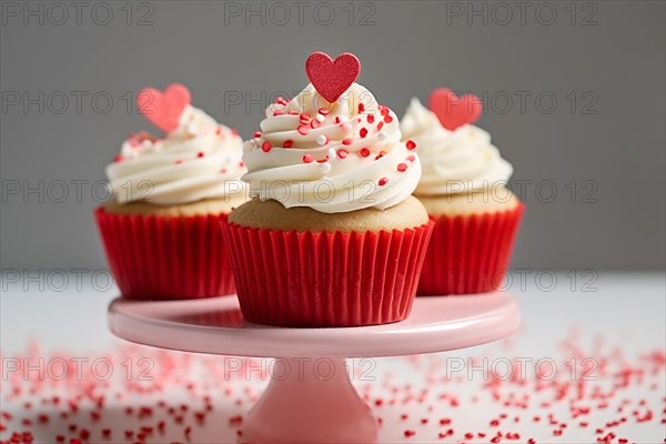 Cupcakes with sugar sprinkles, frosting and red hearts on cake stand. KI generiert, generiert, AI generated