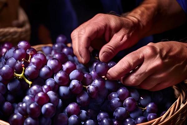 AI generated close up of workers hands delicately select ripened clusters of ripe grapes