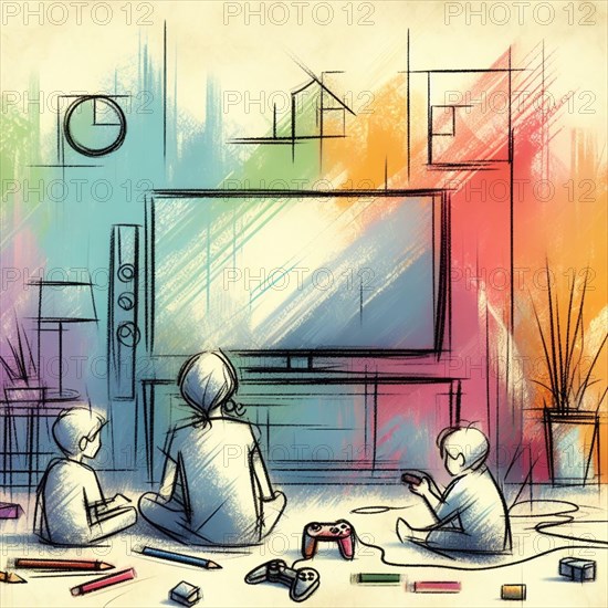 Sketch of a family engaged in gaming in front of a large television, AI generated