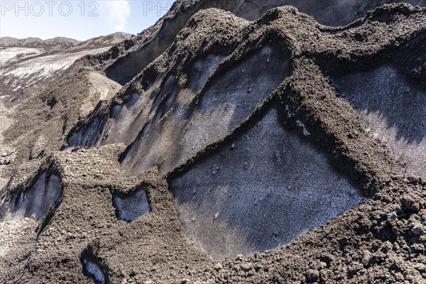 Ash covered Pichillancahue glacier, Villarrica Volcano, Villarrica National Park, Araucania, Chile1