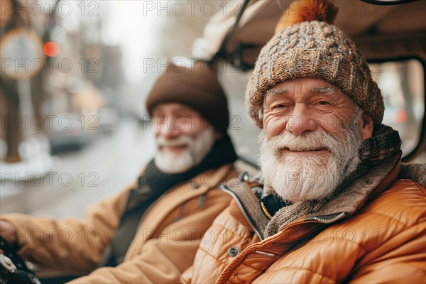 Friendly elderly man smiling in the passenger seat of a car, AI generated