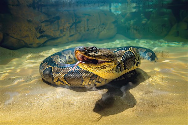 Large anaconda swimming under water, AI generated