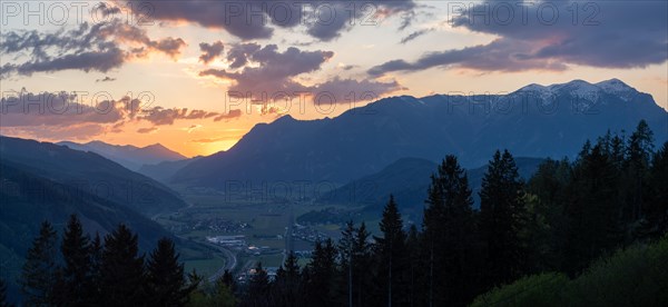 Sunset over the Liesingtal, in the valley the village of Traboch, panoramic shot, Schoberpass federal road, view from the lowlands, Leoben, Styria, Austria, Europe