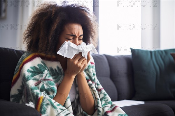Black woman with cold sneezing into paper tissue. KI generiert, generiert, AI generated
