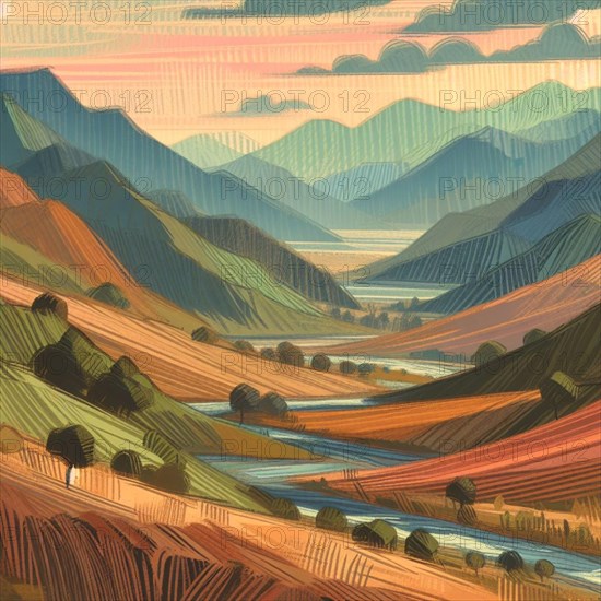 Artistic illustration of a tranquil valley bathed in the warm hues of a sunset, featuring rolling hills, a meandering river, and layered mountain ranges in the background, AI generated