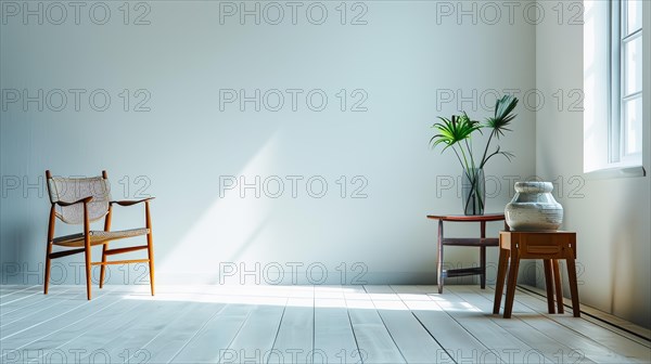 Serene interior with a single chair and plant by the window, sunlight casting shadows on wooden floor, AI generated
