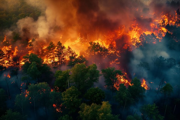 Aerial view of a forest fire is raging through a forest, with smoke and flames visible in the air. The scene is chaotic and dangerous, with trees and other vegetation being consumed by the fire, AI generated