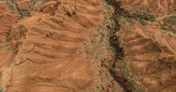 Top down view, gorge with eroded red sandstone rocks, Konorchek Canyon, Boom Gorge, aerial view, Kyrgyzstan, Asia