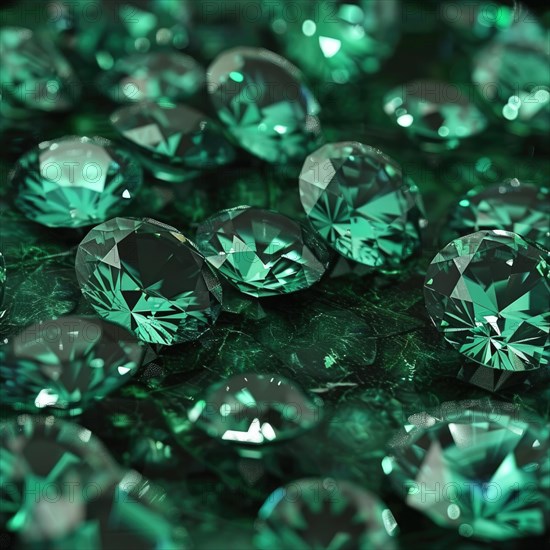 Seamless background of gleaming emeralds on a dark green surface AI generated