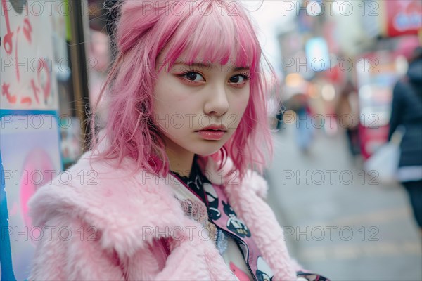 Young Asian woman with pink dyed hair and bold street fashion clothing in city street. KI generiert, generiert, AI generated
