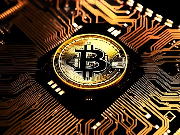 Symbol image for Bitcoin, cryptocurrency, close-up, golden coin with computer chip, AI generated, AI generated, AI generated