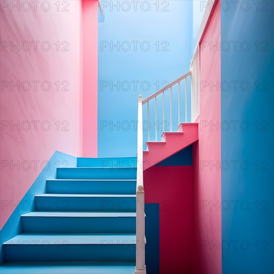 AI generated minimalist architectural shot of pink and blue walls intersecting around a modern stairway