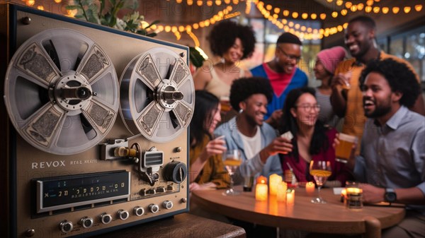 Group of friends enjoying a social event with a vintage reel-to-reel tape recorder playing, AI generated