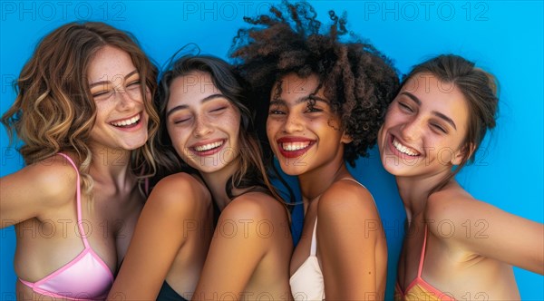 A group of women are smiling and posing for a photo. They are wearing bikinis and hats, AI generated