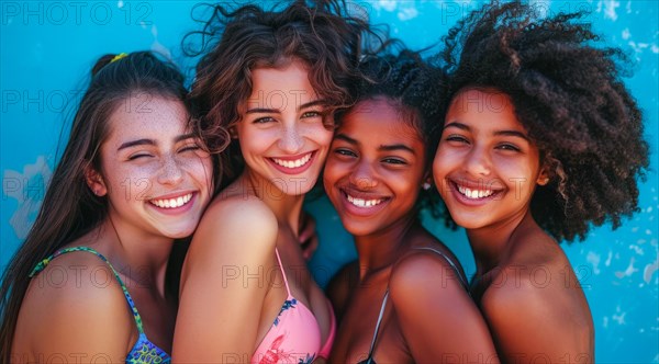 A group of women are smiling and posing for a photo. They are wearing bikinis and hats, AI generated