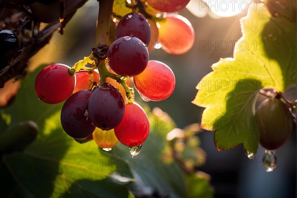 AI generated ripe grapes clinging to a vine sunlight dancing through the leaves accentuating their rich hues