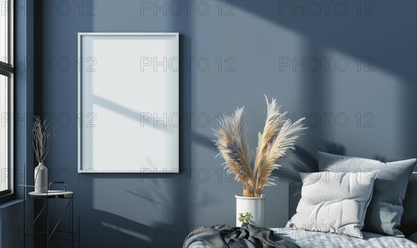 A blank image frame mockup on a slate blue wall AI generated