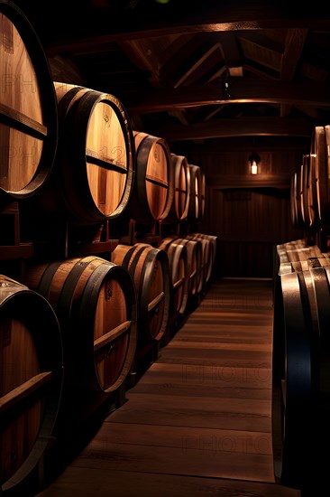 AI generated rustic wine cellar filled with wooden oak barrels