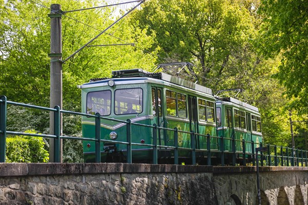 Drachenfelsbahn, Germany's oldest cog railway up the Drachenfels, a mountain in the Siebengebirge mountains above the Rhine between Koenigswinter and Bad Honnef, North Rhine-Westphalia, Germany, Europe