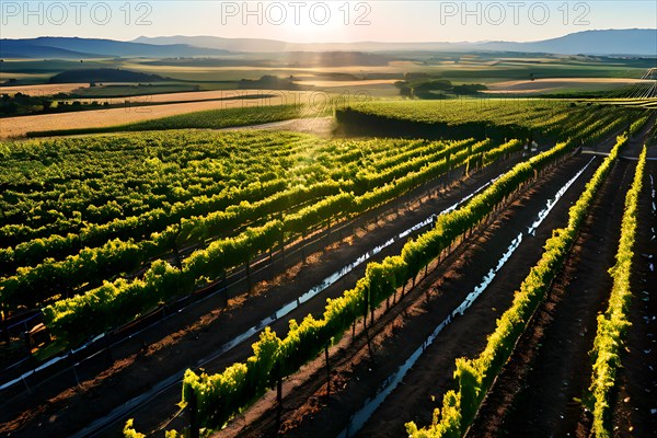 AI generated aerial view of a vineyard landscape interspersed with blooming wildflowers in spring