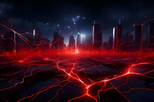 Ai generated conceptual illustration of a neuronal network with city skyline in the background in red colors, AI generated