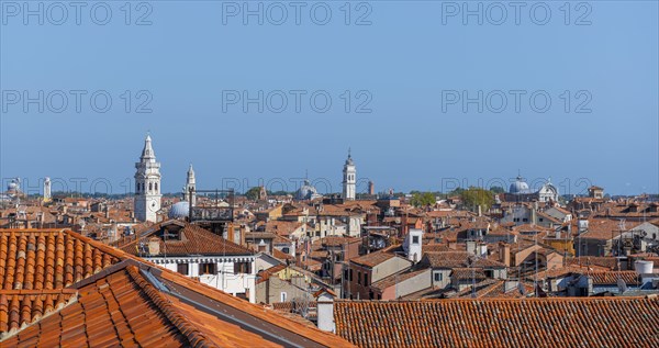 View over the roofs of Venice with many church towers, view from the roof of the Fondaco dei Tedeschi, Venice, Veneto, Italy, Europe
