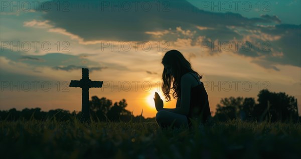 Devout faithful christian prays in front of the cross at a dramatic sunset with beautiful skies, AI generated