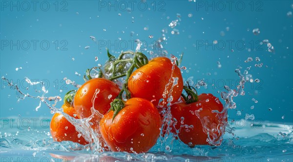 Fresh tomatoes floating in water. A concept of vegetarian lifestyle and vegetarian diet, AI generated