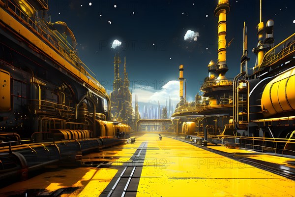 AI generated industrial futuristic landscape merging with ecopunk aesthetics in yellow colors