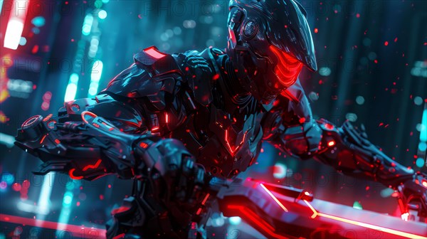A sci-fi warrior in an armored suit with dynamic red and blue lighting, AI generated
