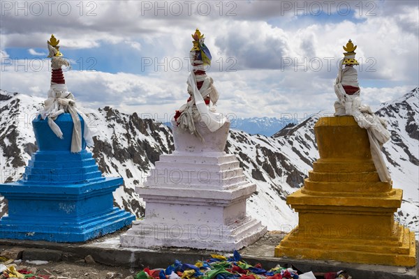Choerten group on the Khardong Pass, second highest motorable pass in the world, Ladakh, Indian Himalayas, Jammu and Kashmir, North India, India, Asia
