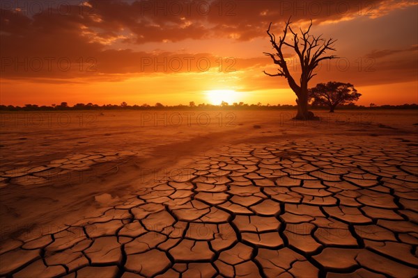 Drought climate change ecology solitude concept, dry dead tree in desert with a dry, cracked ground on sunset. The tree is the only sign of life in the barren landscape, AI generated