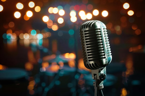 Microphone on a microphone stand with a blurry coloful background, AI generated