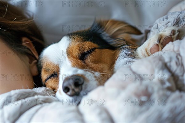 Dog seeping with human owner in bed, KI generiert, generiert, AI generated