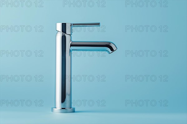 Water faucet tap on blue studio background. KI generiert, generiert, AI generated