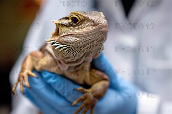 Vet holding pet lizard. KI generiert, generiert, AI generated