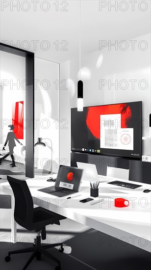 A modern office in grayscale with bold red accents, featuring computers and creative decor, illustration, AI generated