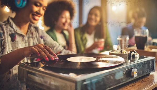 Woman operating a DJ turntable at a lively music event with a party atmosphere, AI generated