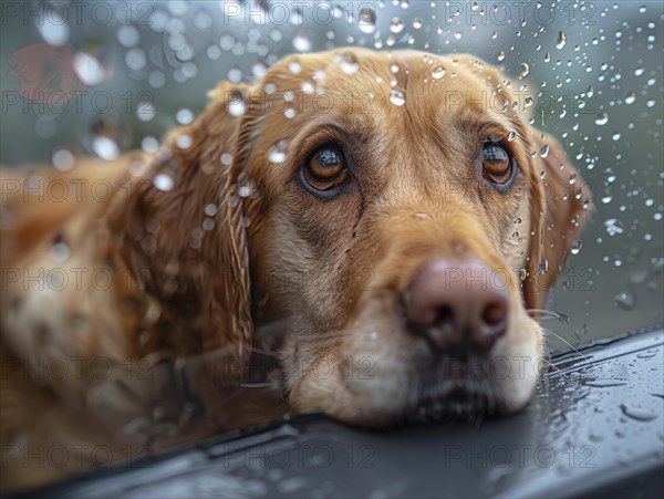 Bad weather, dog and cat looking sadly outside through a rainy window pane, AI generated