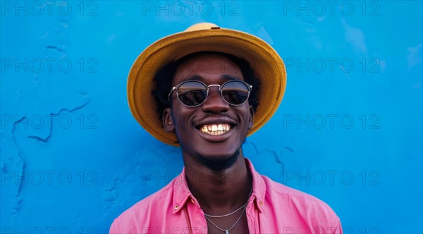 Black young positive man with dreadlocks is smiling and standing in front of the building wall. Concept of confidence and positivity, AI generated