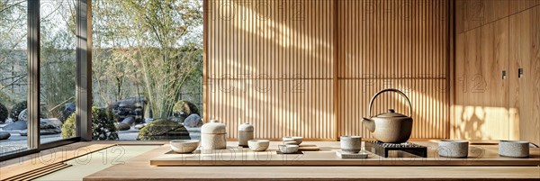 A modern, Zen-inspired reimagining of the traditional Japanese tea ceremony, presented in a minimalist setting that combines traditional hospitality and grace with a contemporary twist, tea service, Japan, AI generated, AI generated, Asia