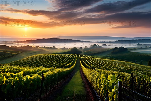 AI generated sunrise over a lush vineyard during summer with harvest dew kissed grapes glistening